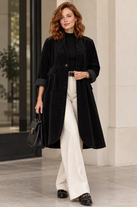 Jacheta lunga din catifea cu croi evazat, pliuri ample si design minimalist, neagra