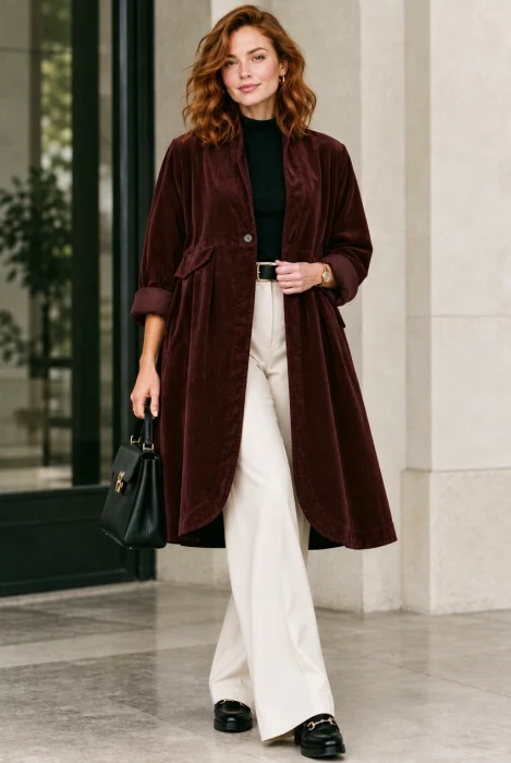 Jacheta lunga din catifea cu croi evazat, pliuri ample si design minimalist, bordo
