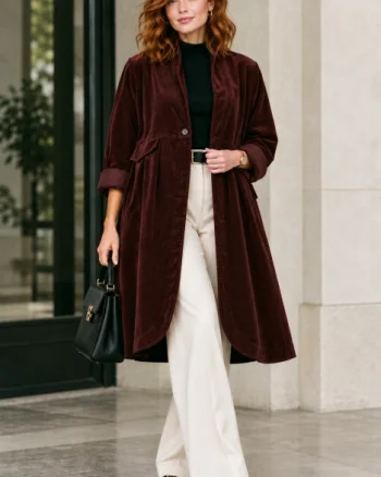 Jacheta lunga din catifea cu croi evazat, pliuri ample si design minimalist, bordo