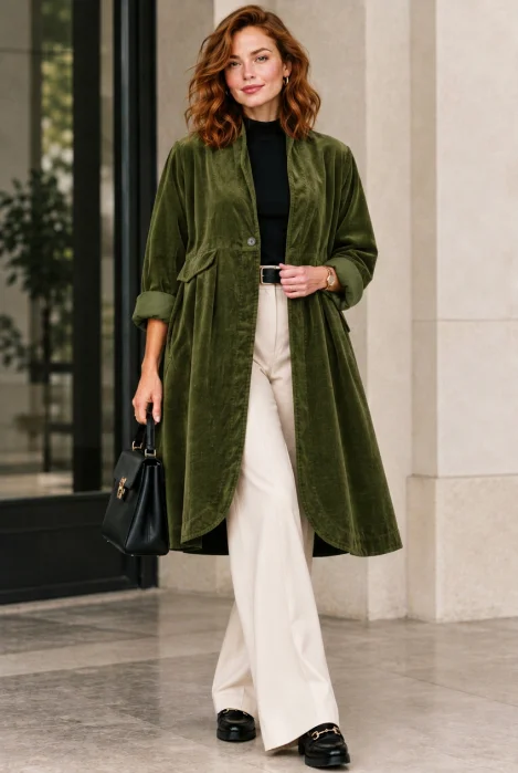 Jacheta lunga din catifea cu croi evazat, pliuri ample si design minimalist, verde olive