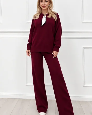 Compleu dama MELIA tricotat, cu esarfa detasabila si pantaloni largi, Burgundy, Marime universala S/M/L