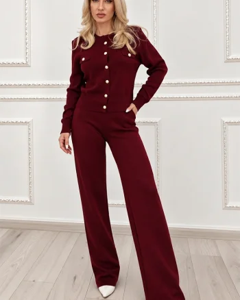 Compleu dama tricotat SELORA, cu lana, bluza cu nasturi aurii si pantaloni drepti, Bordo, Marime unica S/M/L