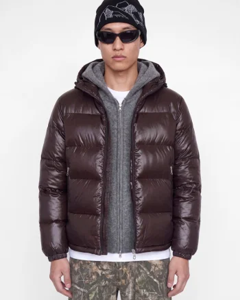 Jack & Jones Geaca barbati, PUFFER, cu gluga fixa reglabila cu snur, Regular fit, SHINY, Maro inchis (SELECTATI MARIMEA: S)
