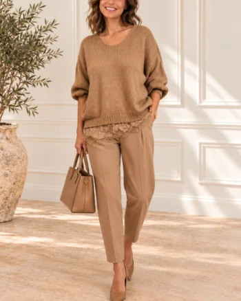 Pulover pufos camel, oversize cu dantela pe margini si decolteu in V
