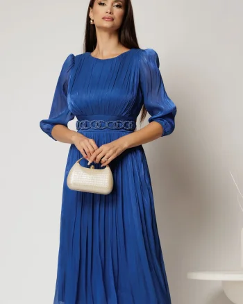 Rochie midi albastra de ocazie din voal peliculizat cu cordon detasabil