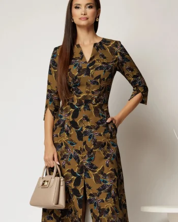Rochie midi kaki cu imprimeu floral negru mov