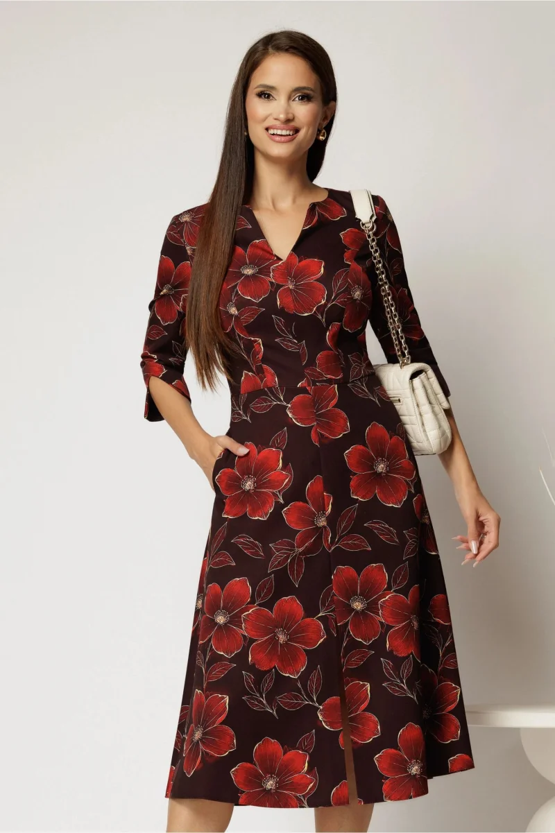 Rochie midi mov pruna cu imprimeu floral bordo