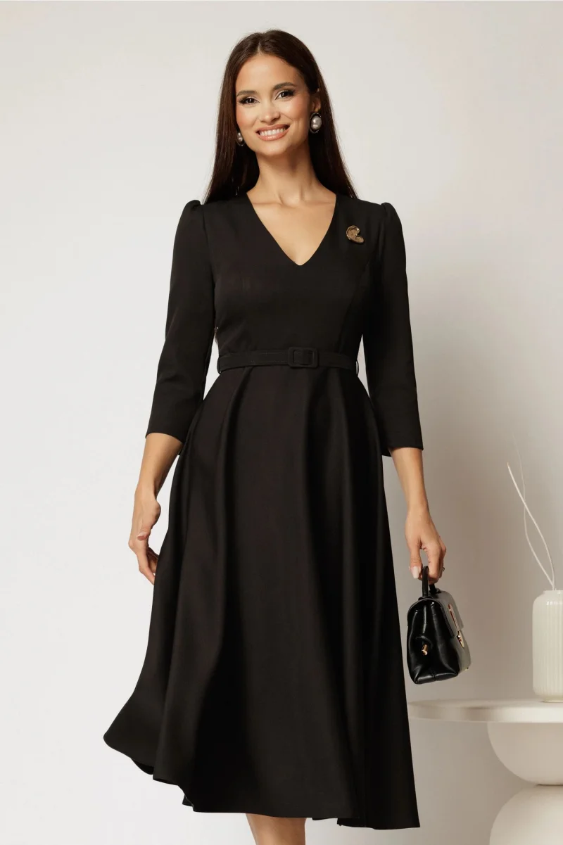 Rochie DY Fashion neagra clos cu decolteu V si curea in talie