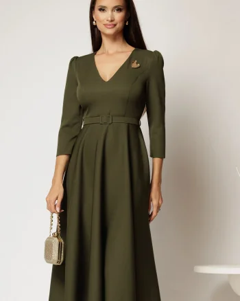 Rochie DY Fashion kaki clos cu decolteu V si curea in talie