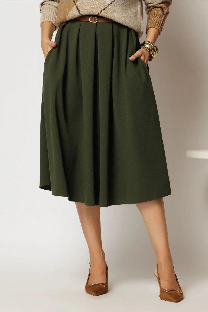 Fusta DY Fashion midi kaki din crep cu pliuri si curea in talie