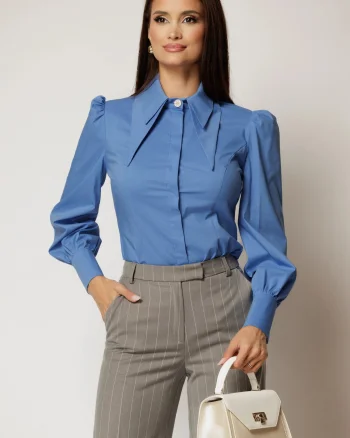 Camasa DY Fashion albastra din poplin cu guler dublu si croi cambrat