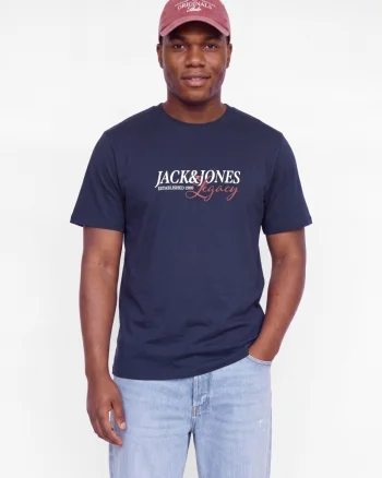 Jack & Jones Plus Tricou barbati big sizes, la baza gatului, din bumbac, cu logo, Relaxed Fit, Albastru inchis (SELECTATI MARIMEA: 3XL)