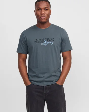 Jack & Jones Plus Tricou barbati big sizes, la baza gatului, din bumbac, cu logo, Relaxed Fit, Gri albastrui (SELECTATI MARIMEA: 4XL)