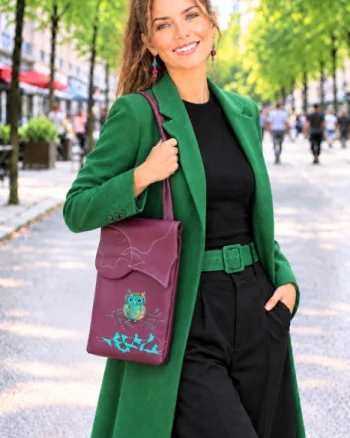Geanta handmade bordeaux din piele naturala ,cu bufnita pictata