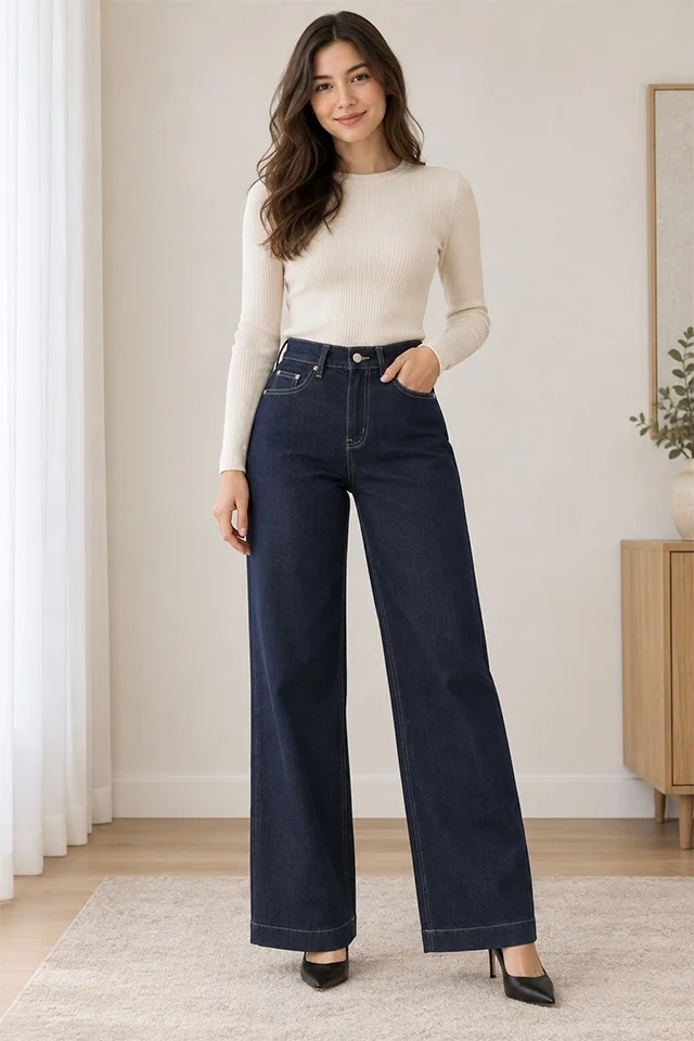Blugi dama LYSENIA wide leg, cu talie inalta si croi larg, Albastru inchis
