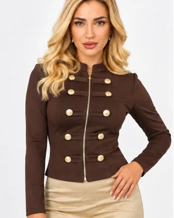 Bluza dama VELSIA, cambrata, cu fermoar frontal si nasturi aurii decorativi, Maro