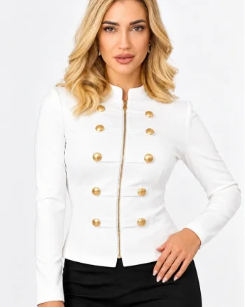 Bluza dama VELSIA, cambrata, cu fermoar frontal si nasturi aurii decorativi, Alb
