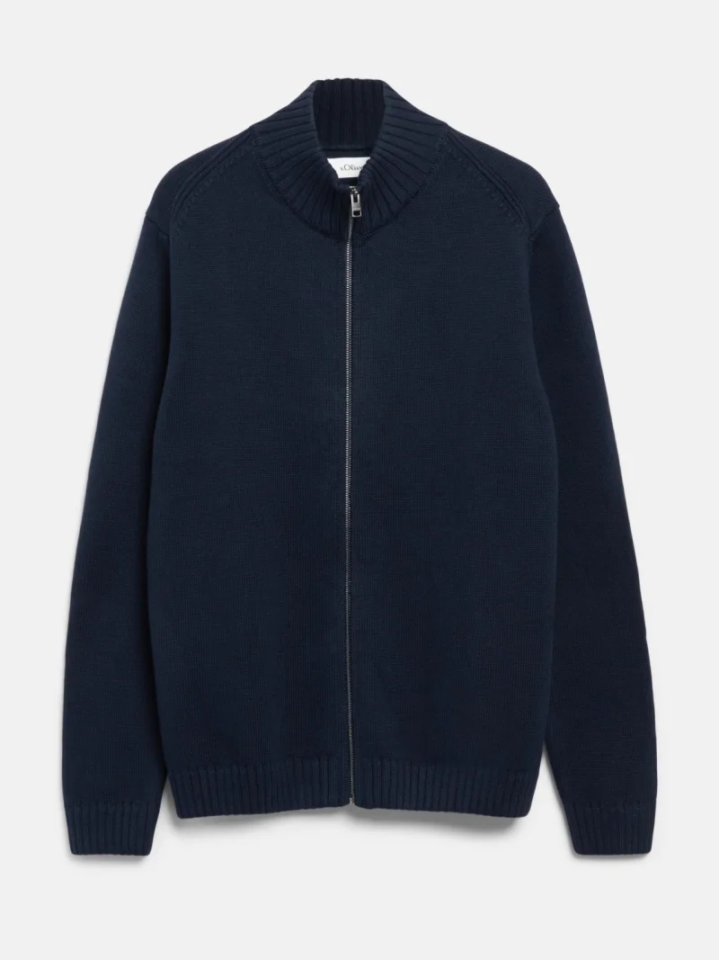 s.Oliver Cardigan tricotat barbati, cu guler inalt, din 100% bumbac, Regular fit, Bleumarin inchis (SELECTATI MARIMEA: S)