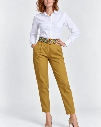 Pantaloni de toamna galben ocru cu pense   croi relaxat, curea asortata inclusa