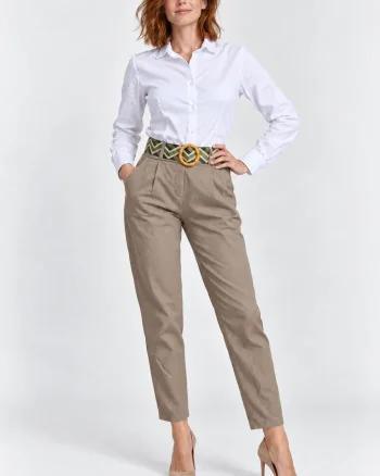 Pantaloni de toamna bej inchis cu pense   croi relaxat, curea asortata inclusa