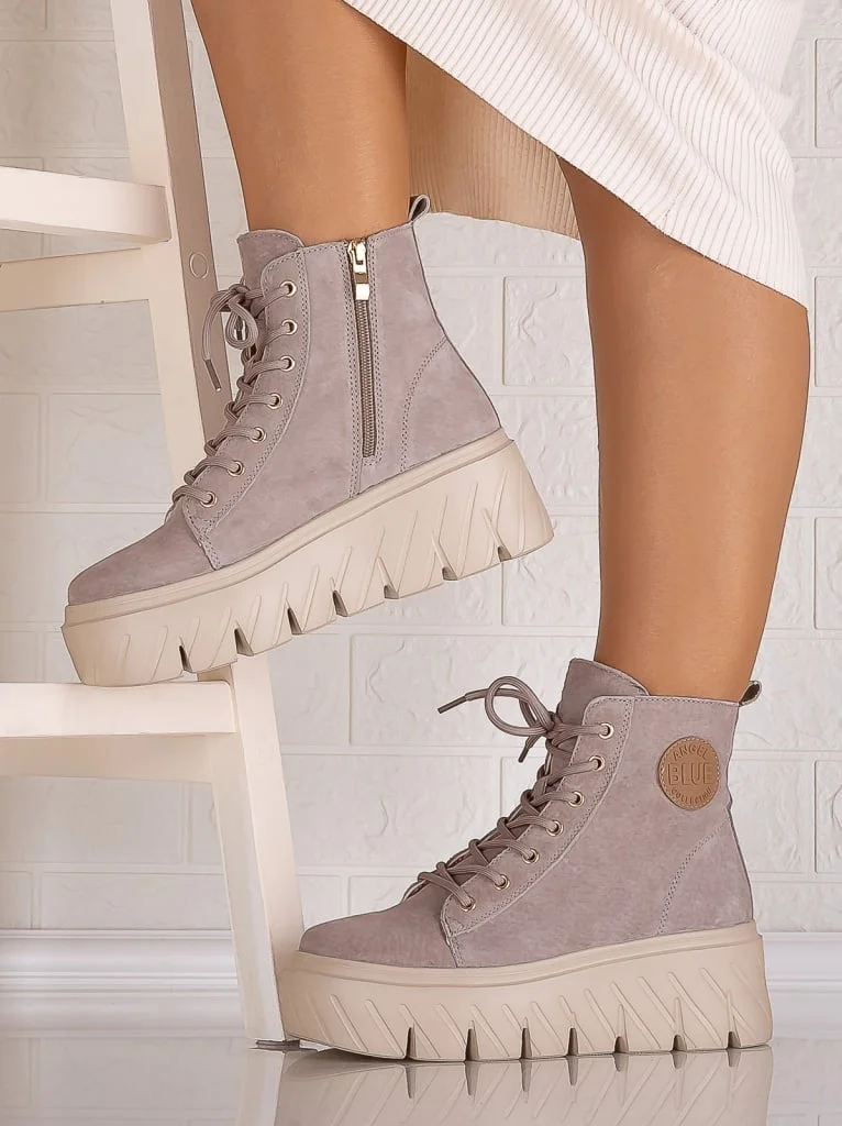 Ghete dama cu platforma Imblanite Khaki din Piele Naturala Intoarsa Canita