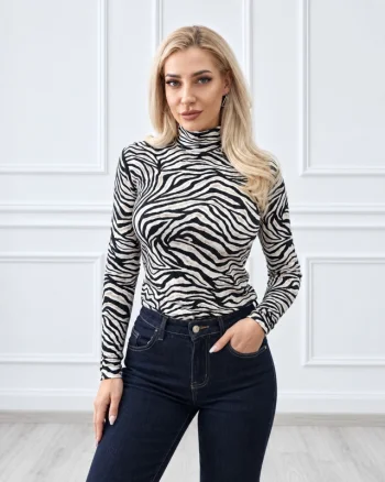 Maleta dama Lady Liza cu imprimeu zebra si guler inalt, Crem/Negru