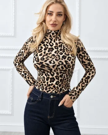 Maleta dama Lady Liza cu imprimeu leopard si guler inalt, Bej/Maro