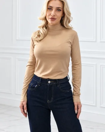 Maleta office Lady Liza uni, cu guler inalt si maneci lungi, Crem