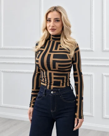 Helanca subtire dama Lady Liza cu imprimeu geometric Maze si guler inalt, Negru/Camel