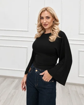 Bluza office OISO cambrata, cu maneci oversize si decolteu rotund, Negru