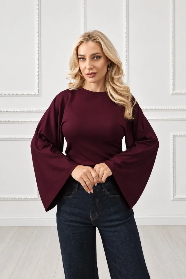 Bluza cambrata OISO, cu maneci oversize si decolteu rotund, Burgundy