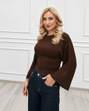 Bluza cambrata OISO, cu maneci oversize si decolteu rotund, Maro
