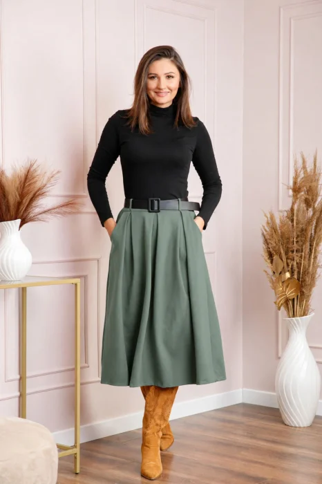 Fusta midi dama kaki cu pliuri si curea Sharon