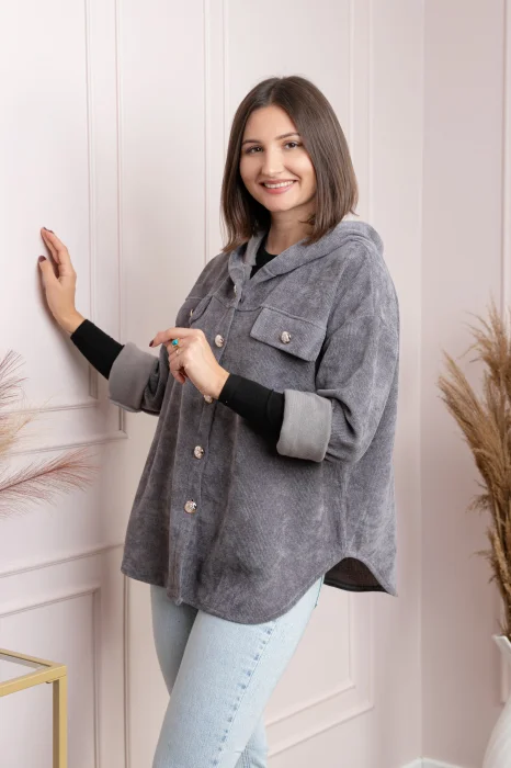 Jacheta dama gri cu gluga si nasturi aurii Peggy