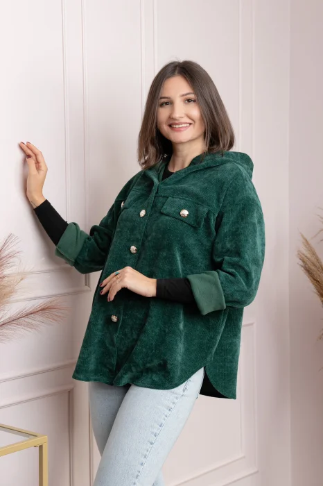 Jacheta dama verde cu gluga si nasturi aurii Peggy