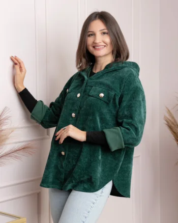 Jacheta dama verde cu gluga si nasturi aurii Peggy