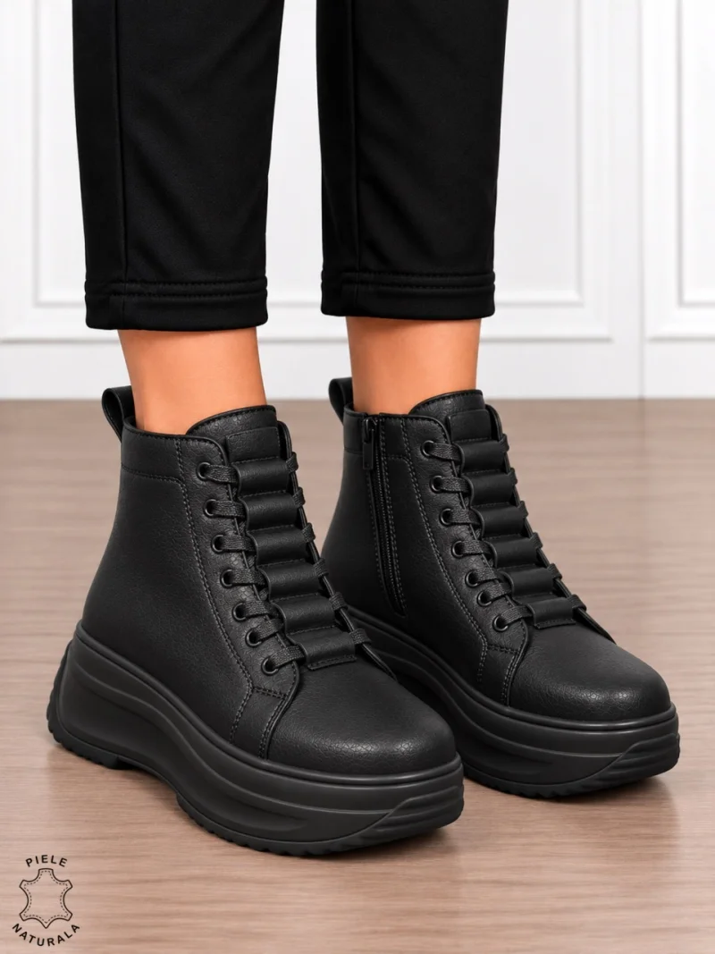 Ghete damă din piele naturală cu design modern și închidere dublă CRL1905 NEGRU
