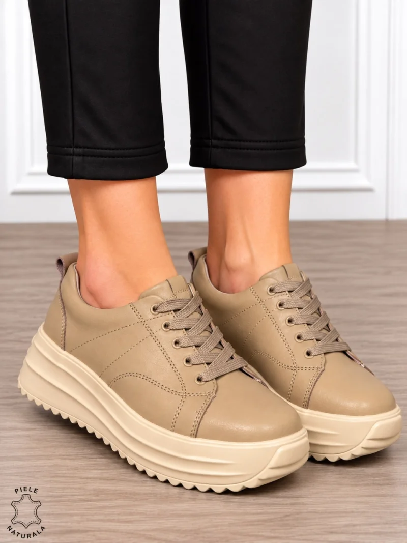 Pantofi casual din piele naturală pentru damă cu design versatil CRL1908 KHAKI