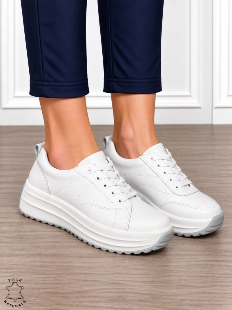 Pantofi casual din piele naturală pentru damă cu design versatil CRL1908 ALB