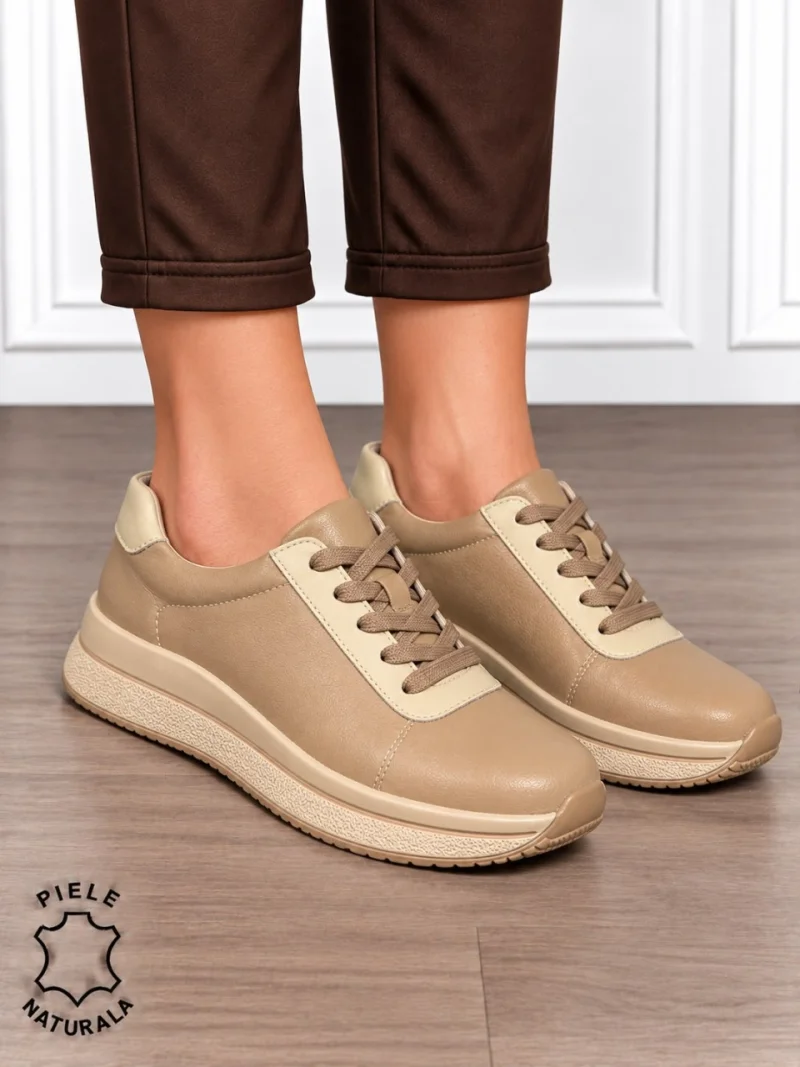 Pantofi casual din piele naturală pentru damă cu design versatil CRL1909 KHAKI