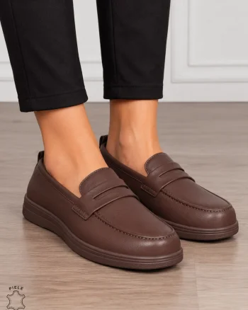 Mocasini damă din piele naturală cu finisaje clasice CRL1910 CAFENIU