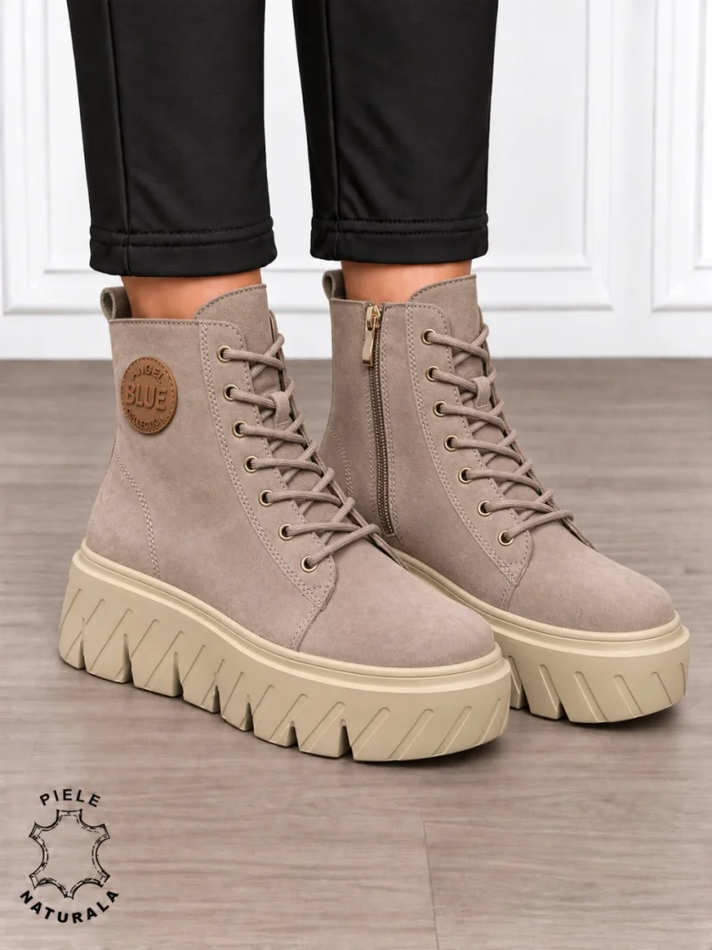 Ghete damă din piele naturală intoarsa cu talpă înaltă CRL1871 KHAKI