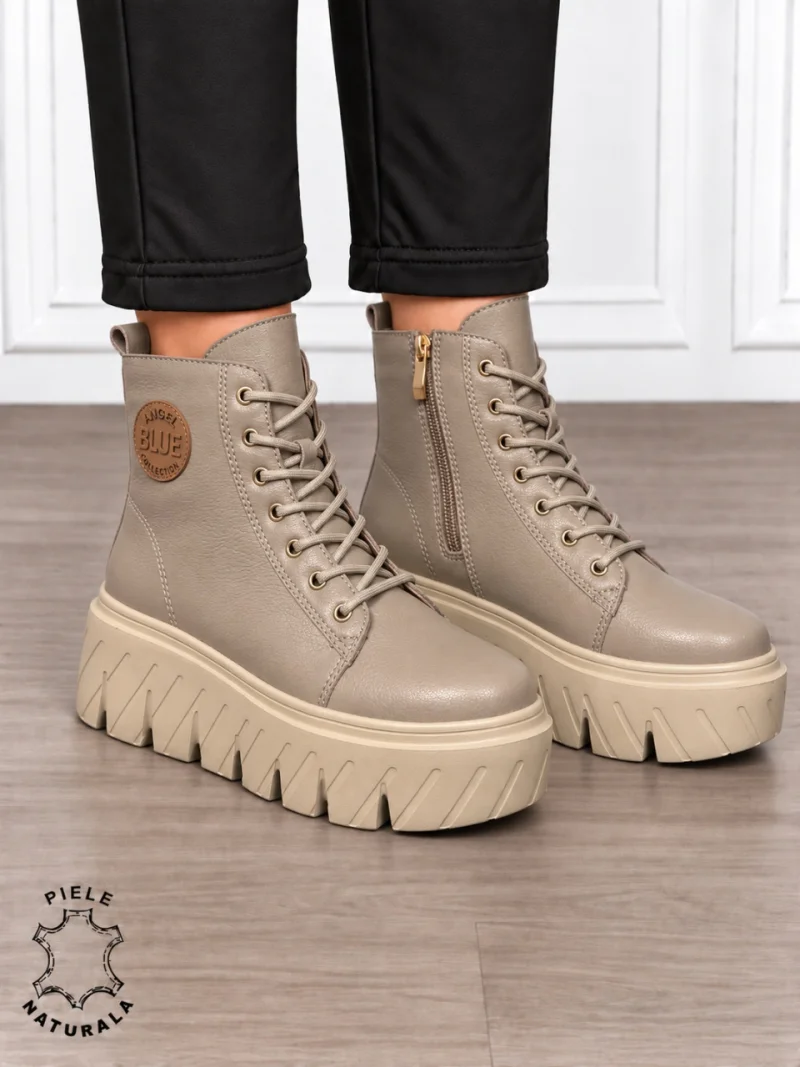 Ghete damă din piele naturală cu talpă înaltă CRL1871 KHAKI