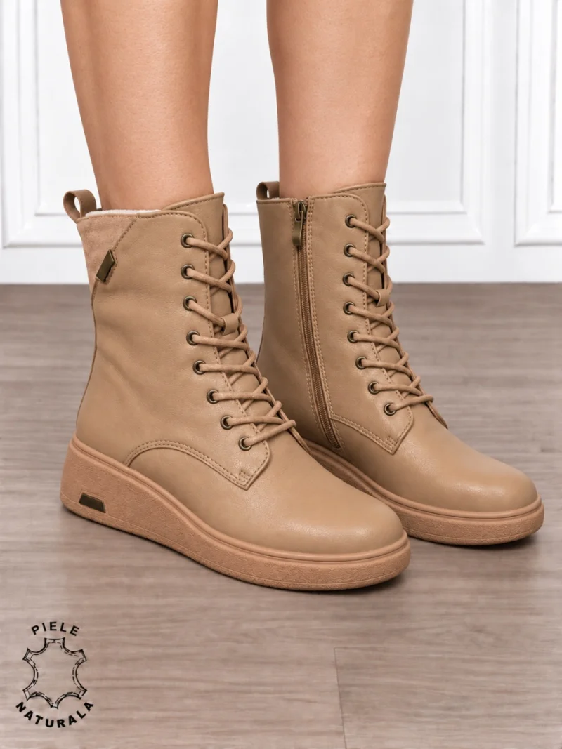 Ghete înalte damă din piele naturală, cu talpă groasă CRL1911 KHAKI