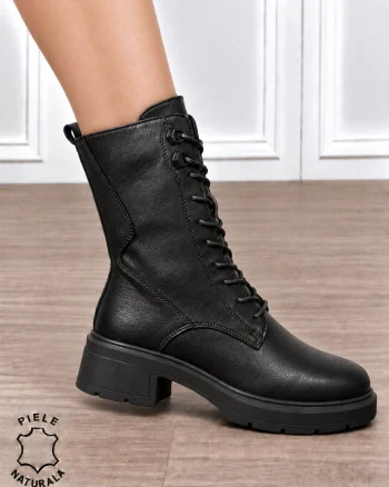 Ghete înalte damă din piele naturală, cu design modern CRL1912 NEGRU