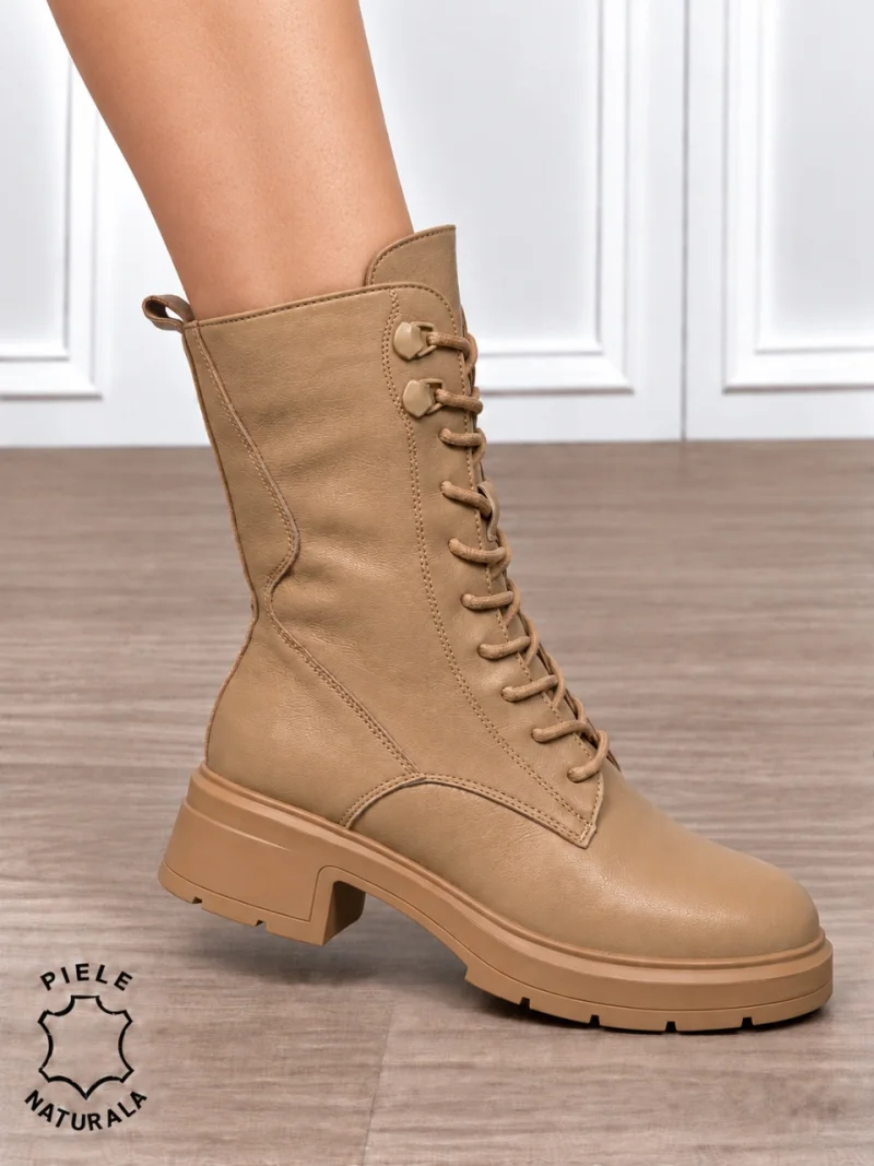Ghete înalte damă din piele naturală, cu design modern CRL1912 KHAKI