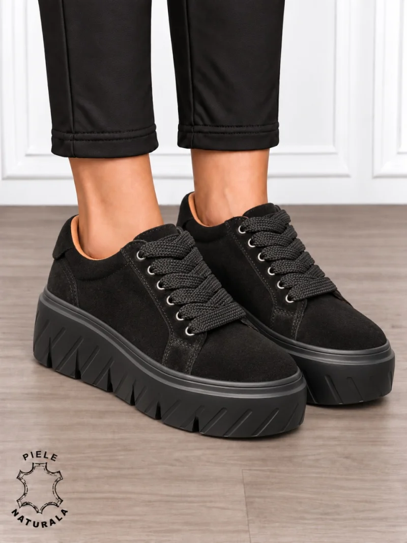 Pantofi casual damă din piele naturală Intoarsa cu talpă Speciala inalta CRL1913 NEGRU