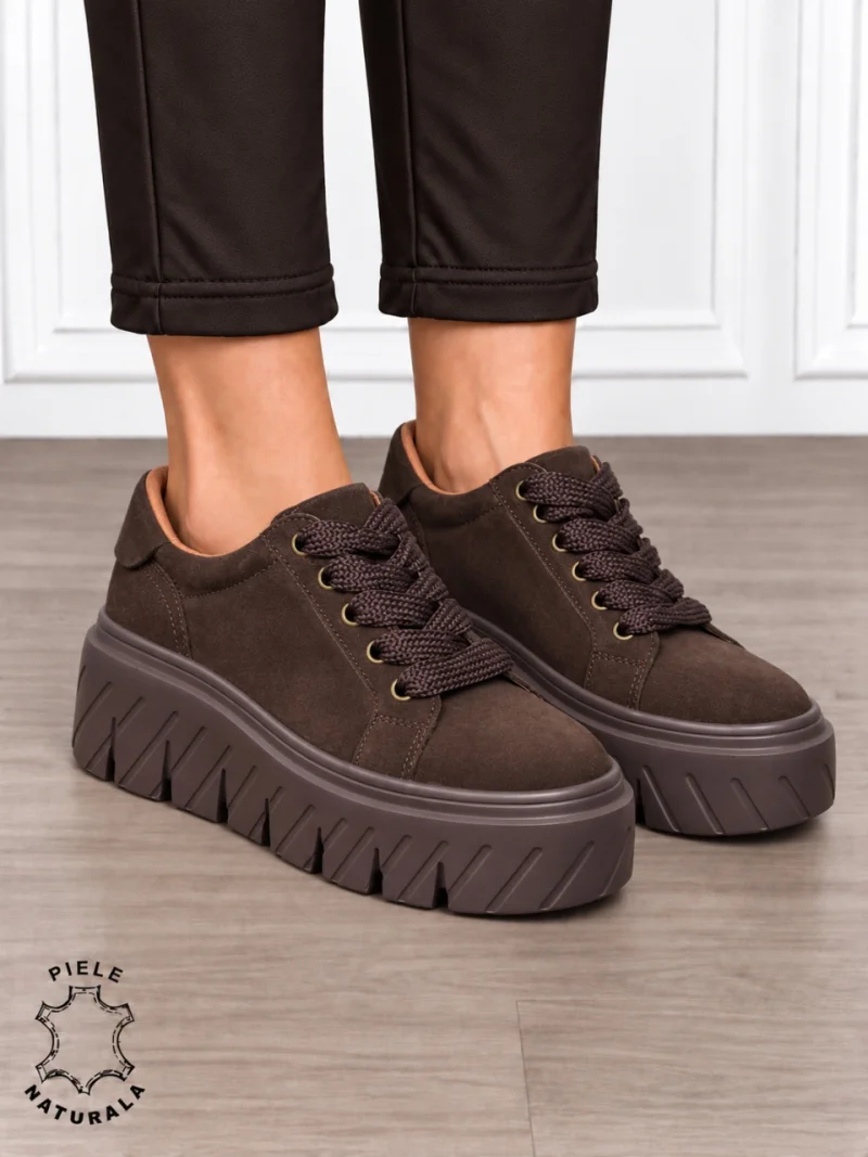 Pantofi casual damă din piele naturală Intoarsa cu talpă Speciala inalta CRL1913 CAFENIU