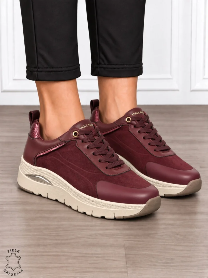 Pantofi casual damă din piele naturală întoarsă cu finisaj catifelat CRL1914 BORDO