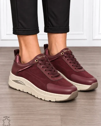 Pantofi casual damă din piele naturală întoarsă cu finisaj catifelat CRL1914 BORDO